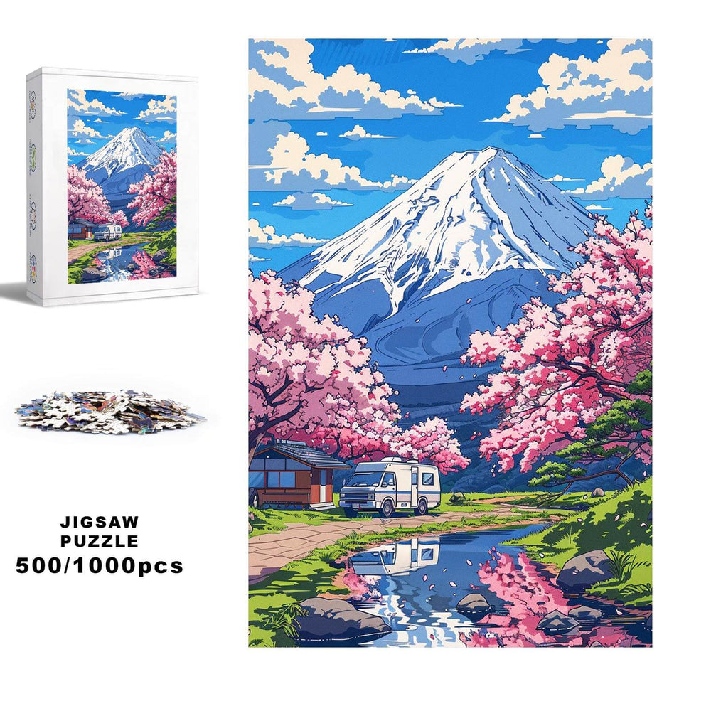 Mount Fuji jigsaw puzzle featuring 500 or 1000 pieces, with cherry blossoms and a serene river landscape.