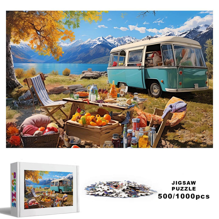 Camping 500/1000 piece jigsaw puzzle depicting a scenic outdoor picnic with a vintage van and beautiful mountains.
