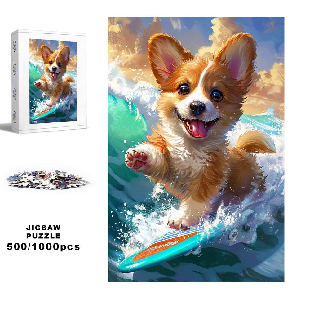 Surfing Corgi jigsaw puzzle, 500/1000 pieces, perfect for enhancing focus and solving skills in fun mind games.