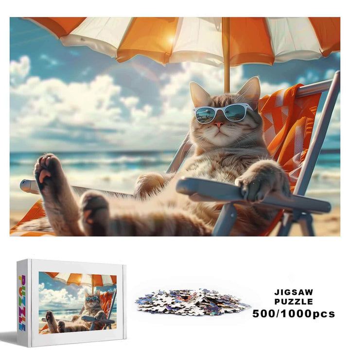 Holiday Cat 500/1000 piece jigsaw puzzle featuring a relaxed cat in sunglasses on the beach.