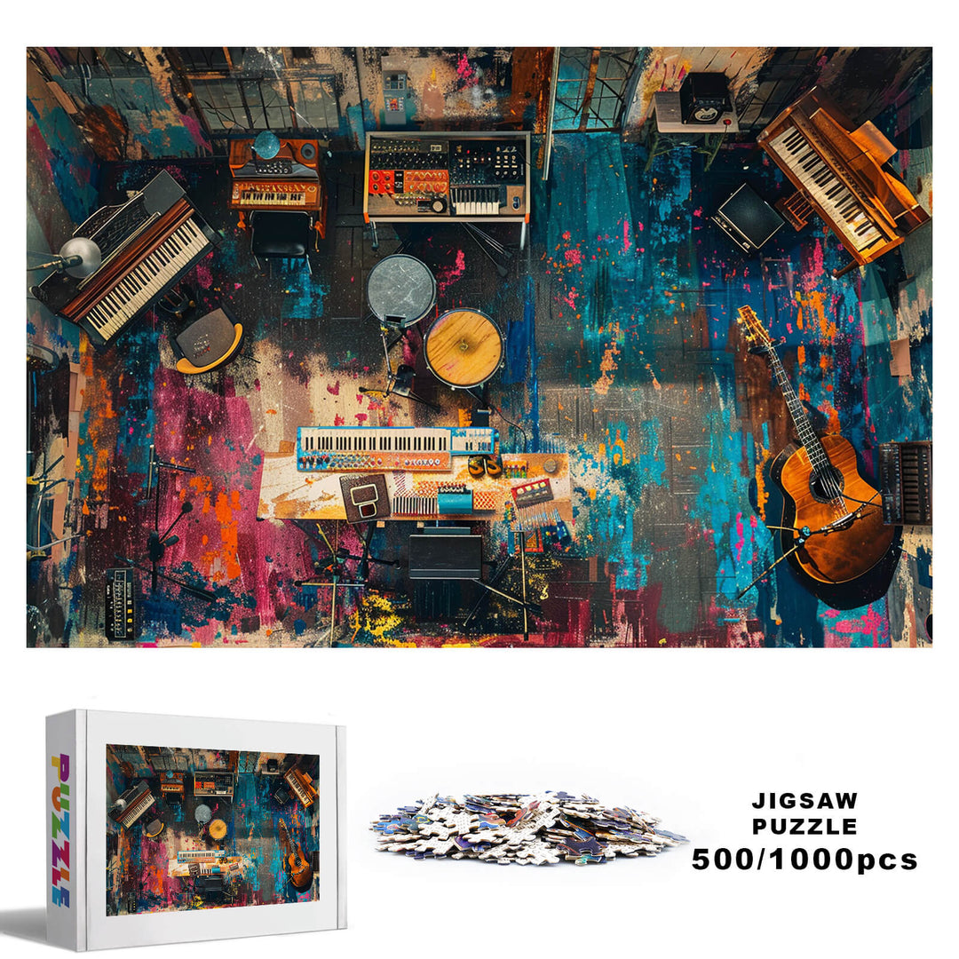 500/1000 piece jigsaw puzzle featuring a colorful musical instrument room with various instruments and vivid artwork.