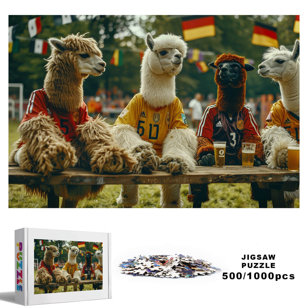 Alpaca Audiences 500/1000 piece jigsaw puzzle featuring llamas in sports jerseys, perfect for mind games and focus.