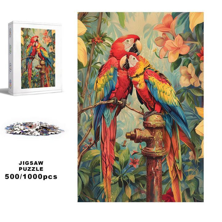 Snuggling Parrot jigsaw puzzle featuring colorful parrots amid flowers, available in 500 and 1000 pieces for cognitive fun.