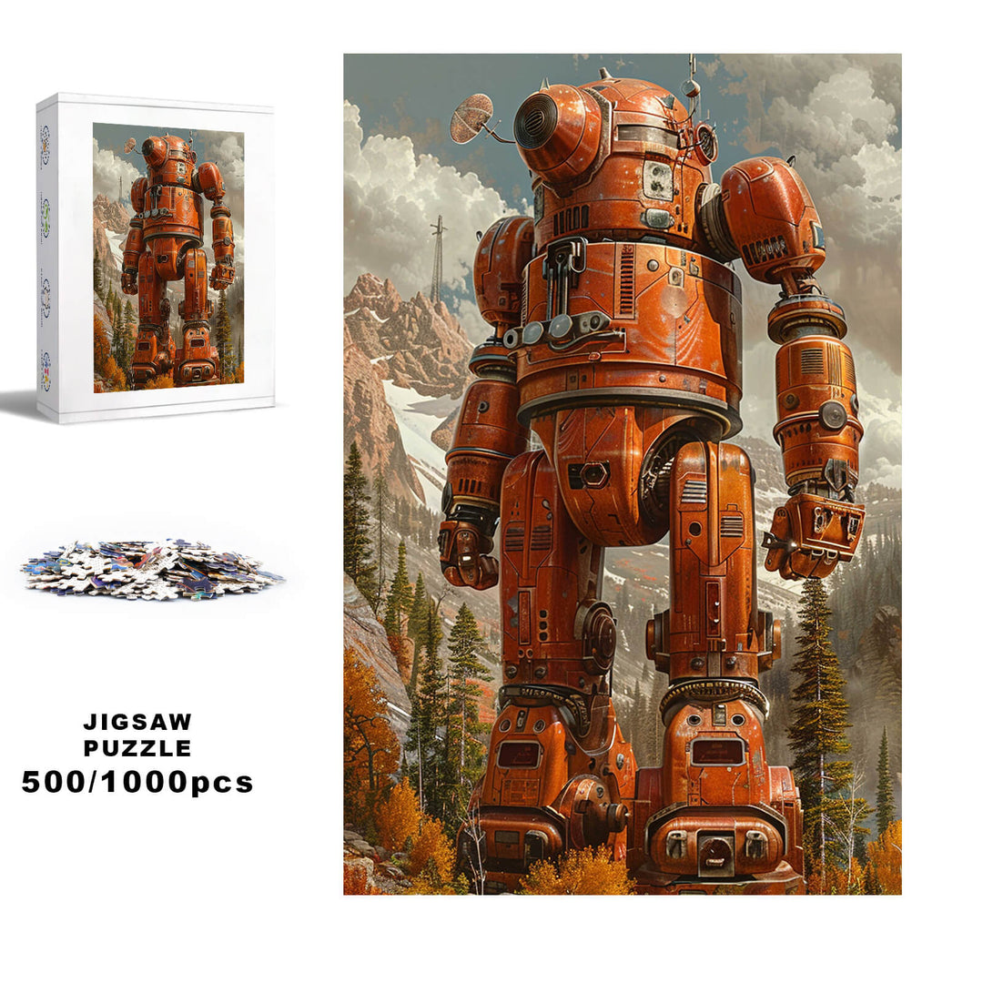 Electronic Bear 500/1000 piece jigsaw puzzle featuring a detailed illustration of a large orange robot surrounded by nature.