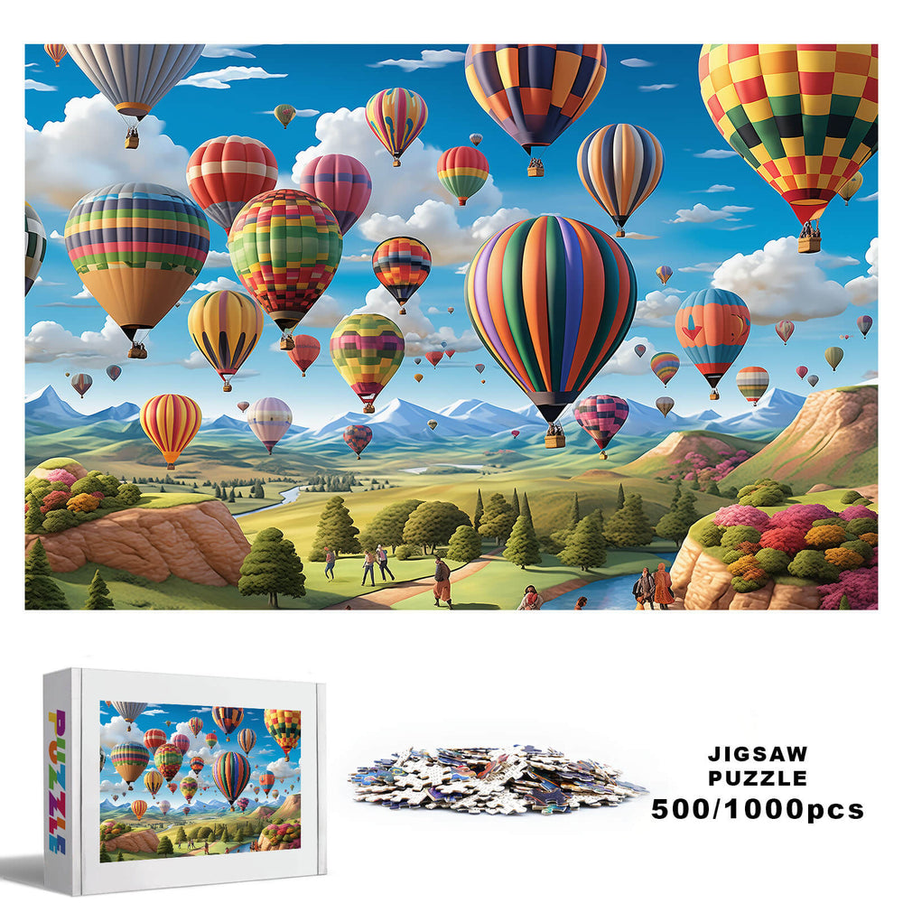 Colorful hot air balloons soaring over a scenic landscape, featuring a 500/1000 piece jigsaw puzzle for focused fun.