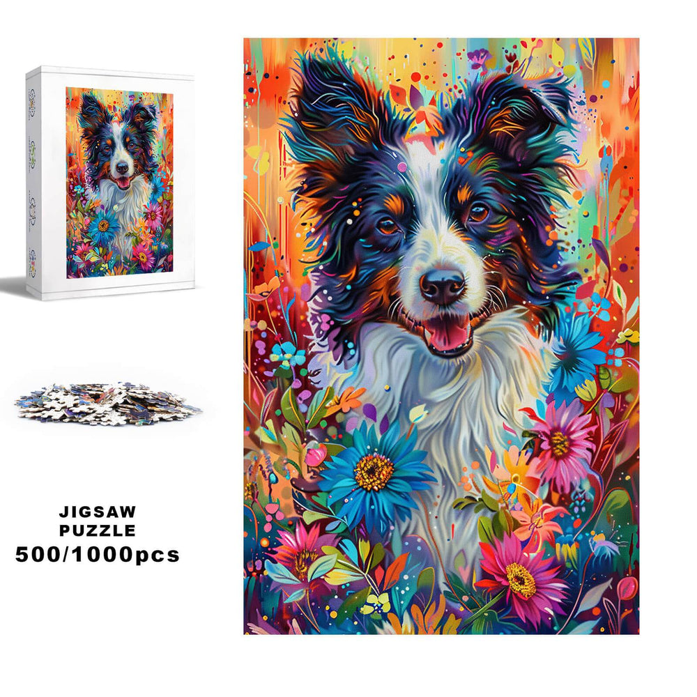 Colorful Shepherd Dog jigsaw puzzle with flowers, 500/1000 pieces, perfect for brain-boosting mind games.