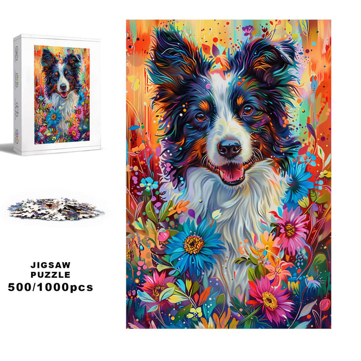 Colorful Shepherd Dog jigsaw puzzle with flowers, 500/1000 pieces, perfect for brain-boosting mind games.