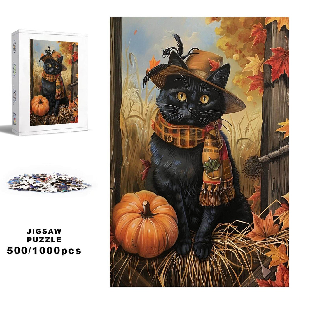 Mr. Cat jigsaw puzzle featuring a black cat in autumn with pumpkin, 500/1000 pieces for mind games and focus.