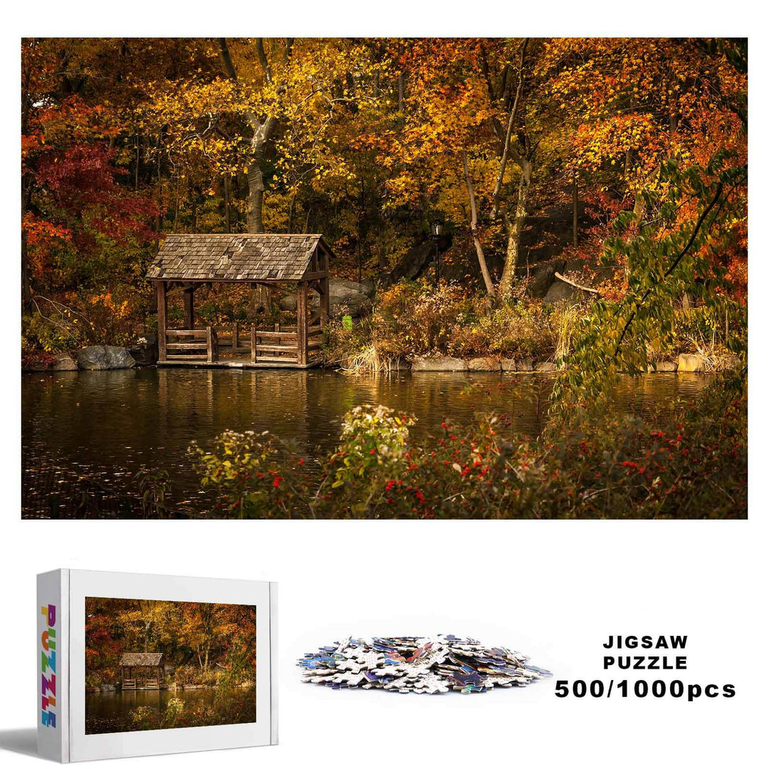 Autumn Lakeside 500/1000 piece jigsaw puzzle featuring a scenic lakeside view with vibrant fall colors.