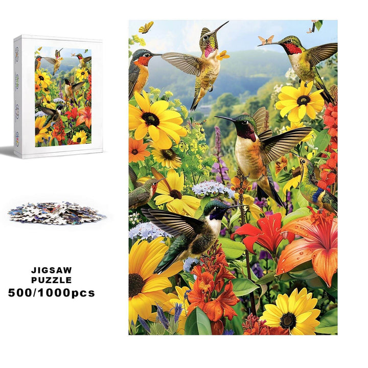 Colorful 500/1000 piece jigsaw puzzle featuring hummingbirds and vibrant flowers, perfect for mind games and focus.