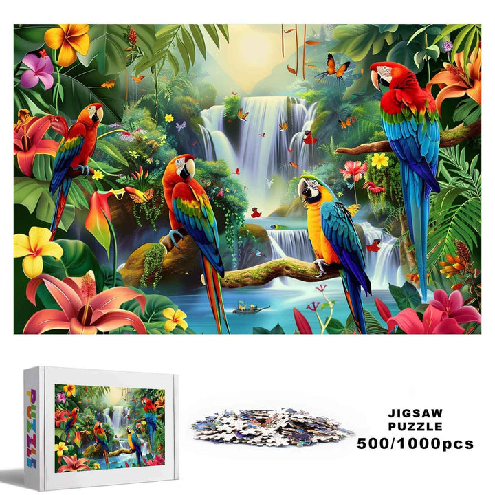 Tropical Rainforest 500/1000 piece jigsaw puzzle featuring colorful parrots and a waterfall in a vibrant jungle setting.