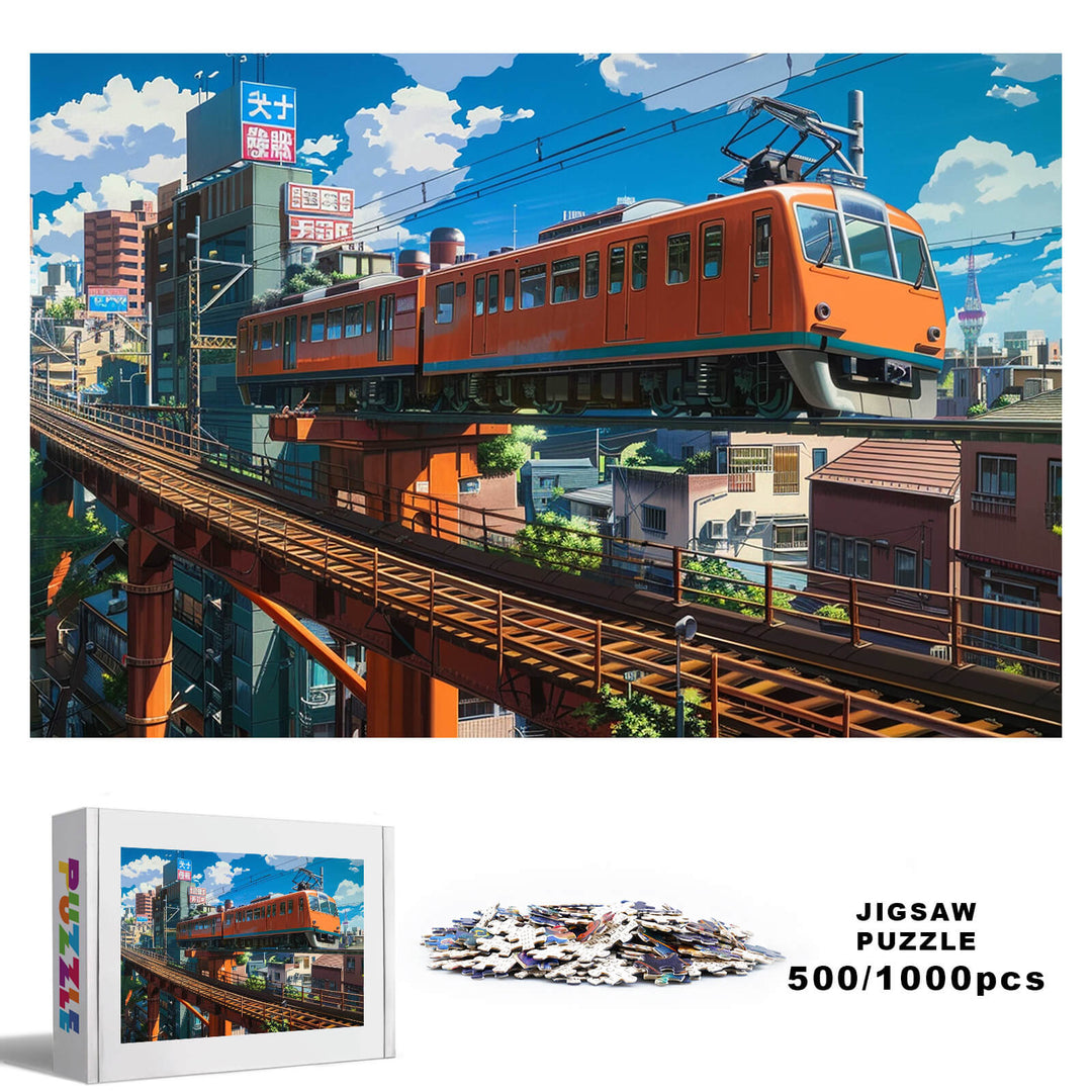 City Train 500/1000 Piece Puzzle showcasing vibrant cityscape and train scene, enhancing focus and problem-solving skills.