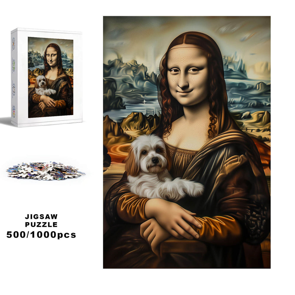Mona Lisa and Puppy 500/1000 piece jigsaw puzzle, designed for focused mind games and exploration.