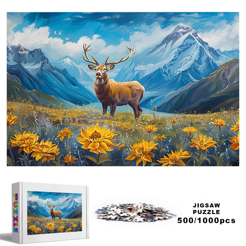 Elk 500/1000 piece jigsaw puzzle featuring a stunning mountain landscape with vibrant flowers.