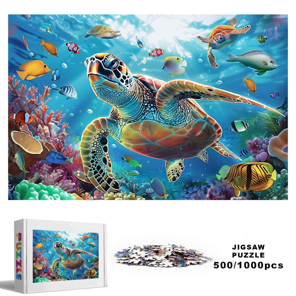 Colorful Underwater World 500/1000 piece jigsaw puzzle featuring sea turtles and vibrant marine life.