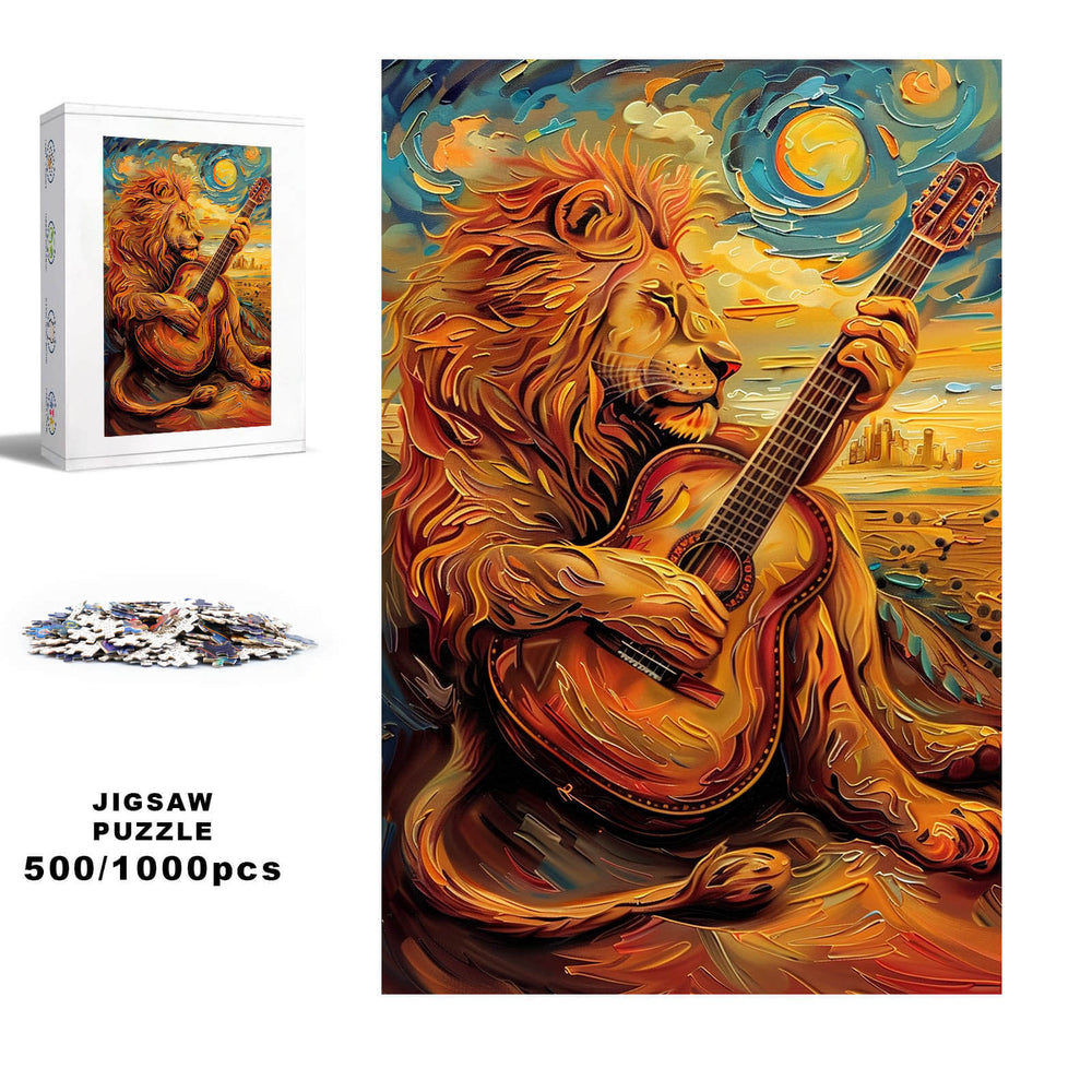 Lion Playing Guitar 500/1000 Piece Puzzle for focused puzzle solving and brain training.