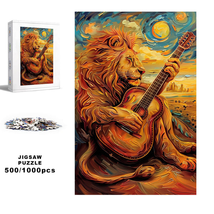Lion Playing Guitar 500/1000 Piece Puzzle for focused puzzle solving and brain training.