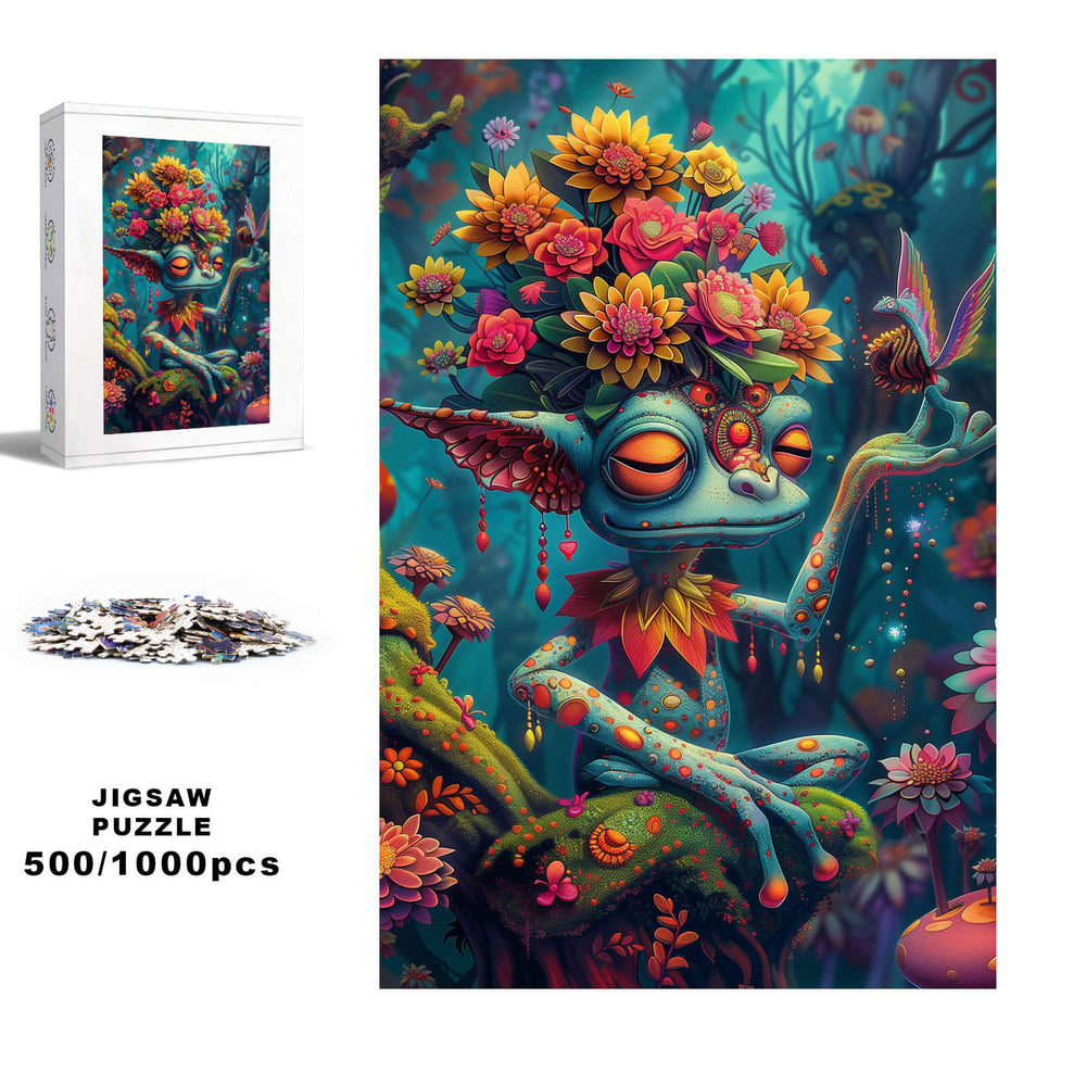 Forest Monster 500/1000 piece jigsaw puzzle featuring a whimsical creature with flowers, perfect for mind games and focus.