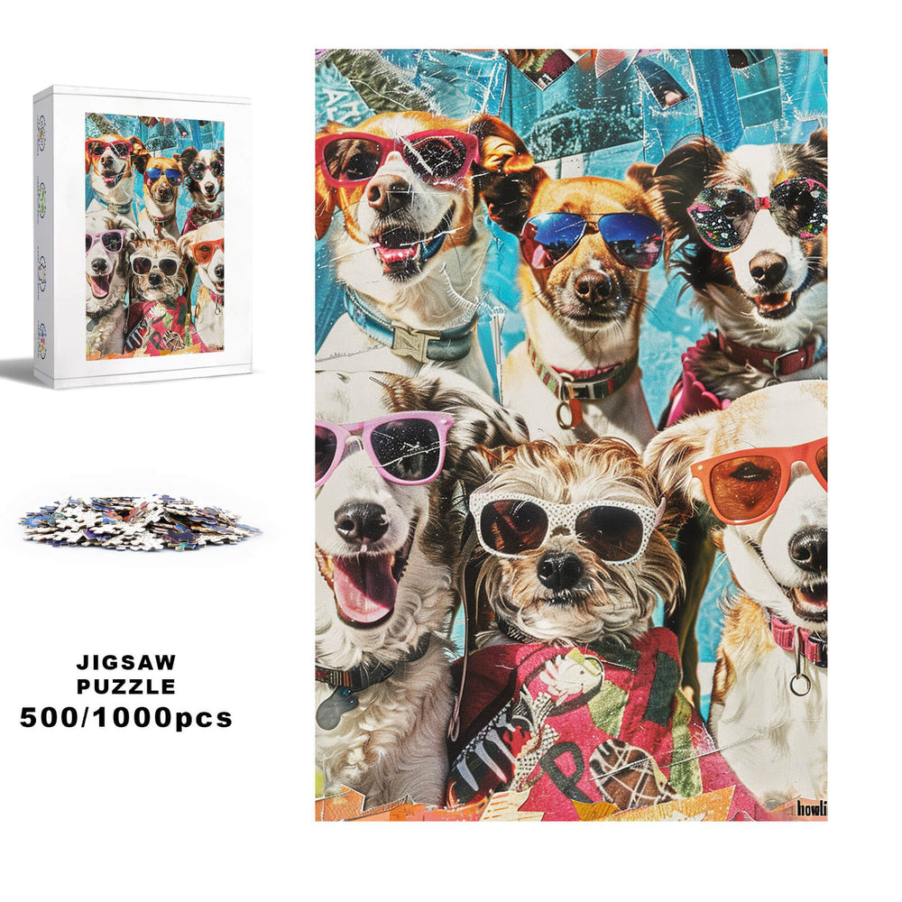 Holiday Puppy jigsaw puzzle featuring dogs in sunglasses, ideal for mind games and enhancing focus.