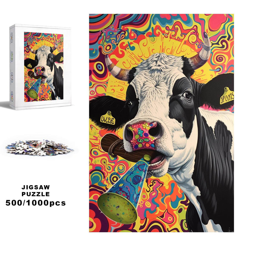 Crazy Cow 500/1000 piece jigsaw puzzle showcasing a colorful cow design, perfect for brain games and puzzle enthusiasts.