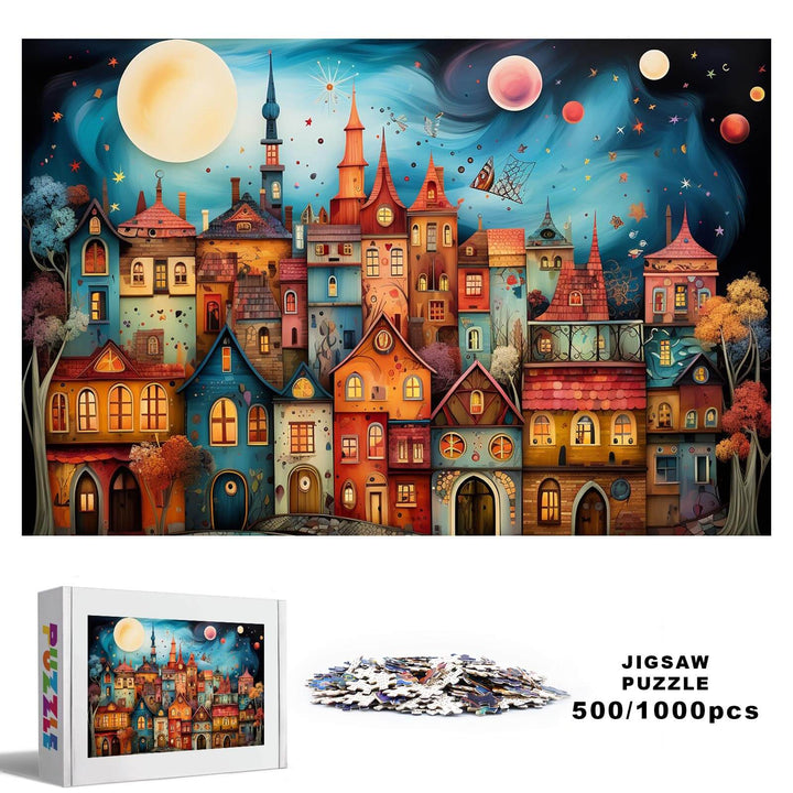Weird Town-2 jigsaw puzzle featuring colorful houses and a starry sky, available in 500 or 1000 pieces for mind games.