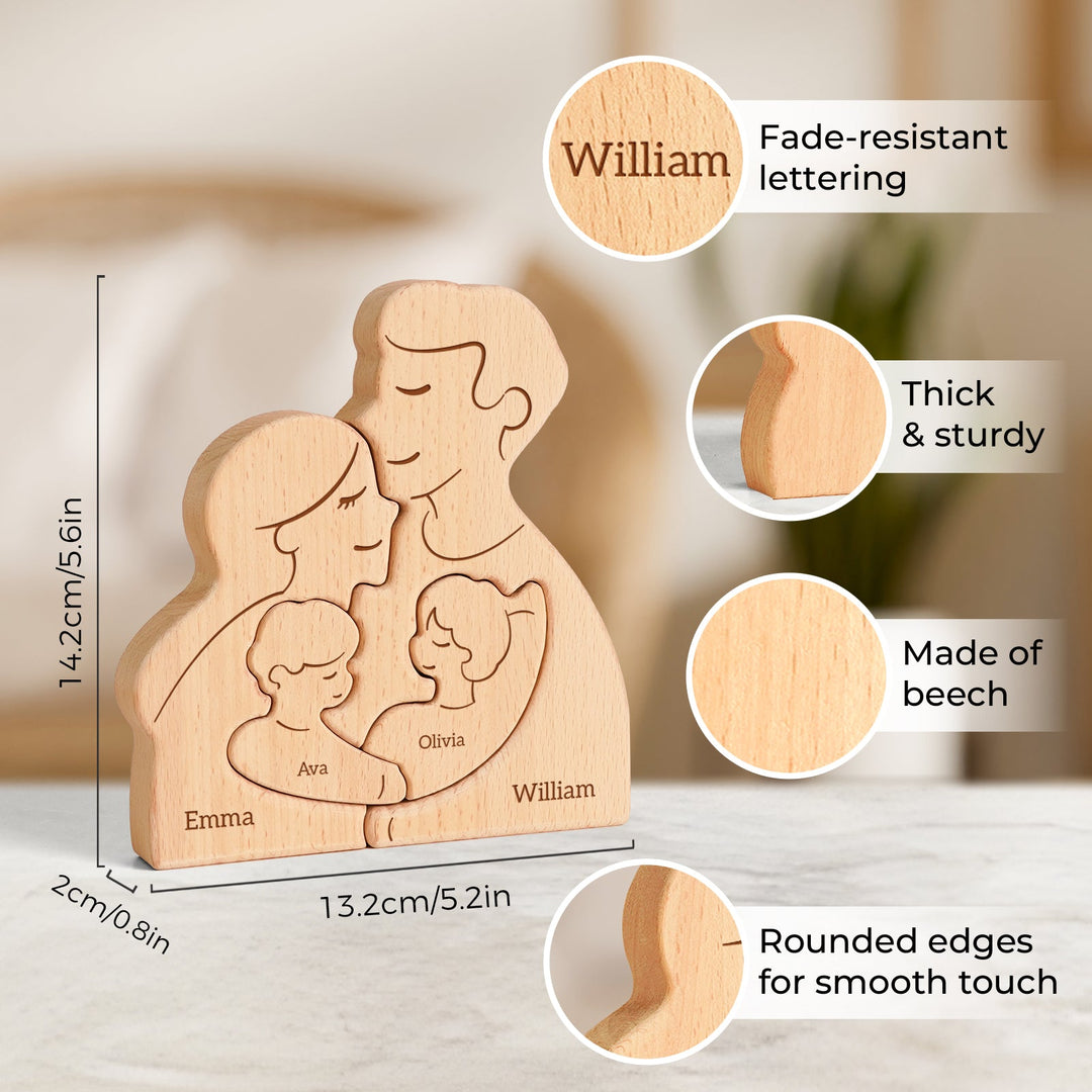 Personalized wooden family name puzzle with customized names, made of durable beech wood, fade-resistant lettering.