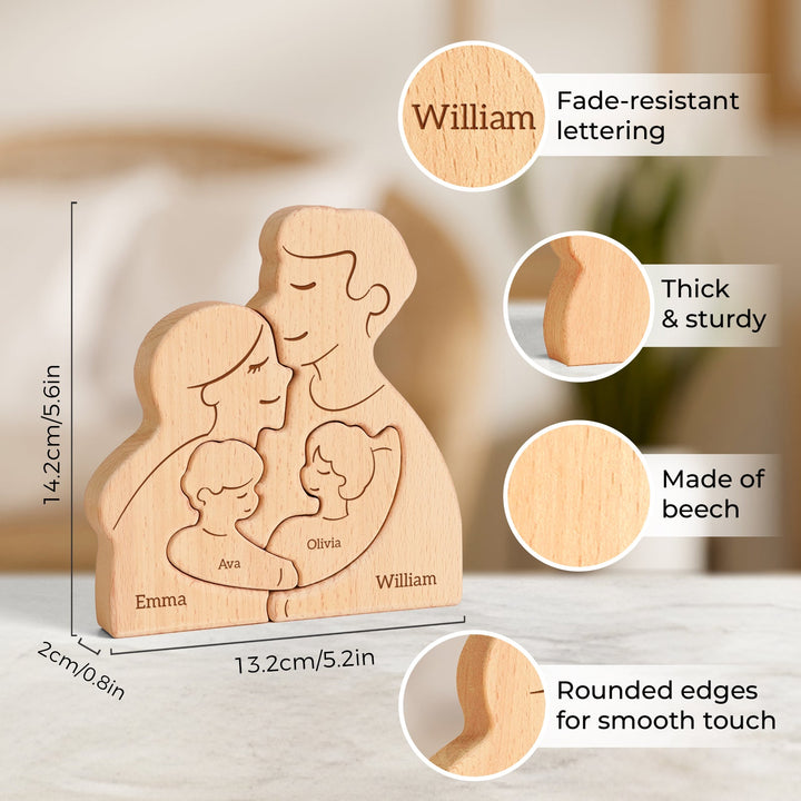 Personalized wooden family name puzzle with customized names, made of durable beech wood, fade-resistant lettering.