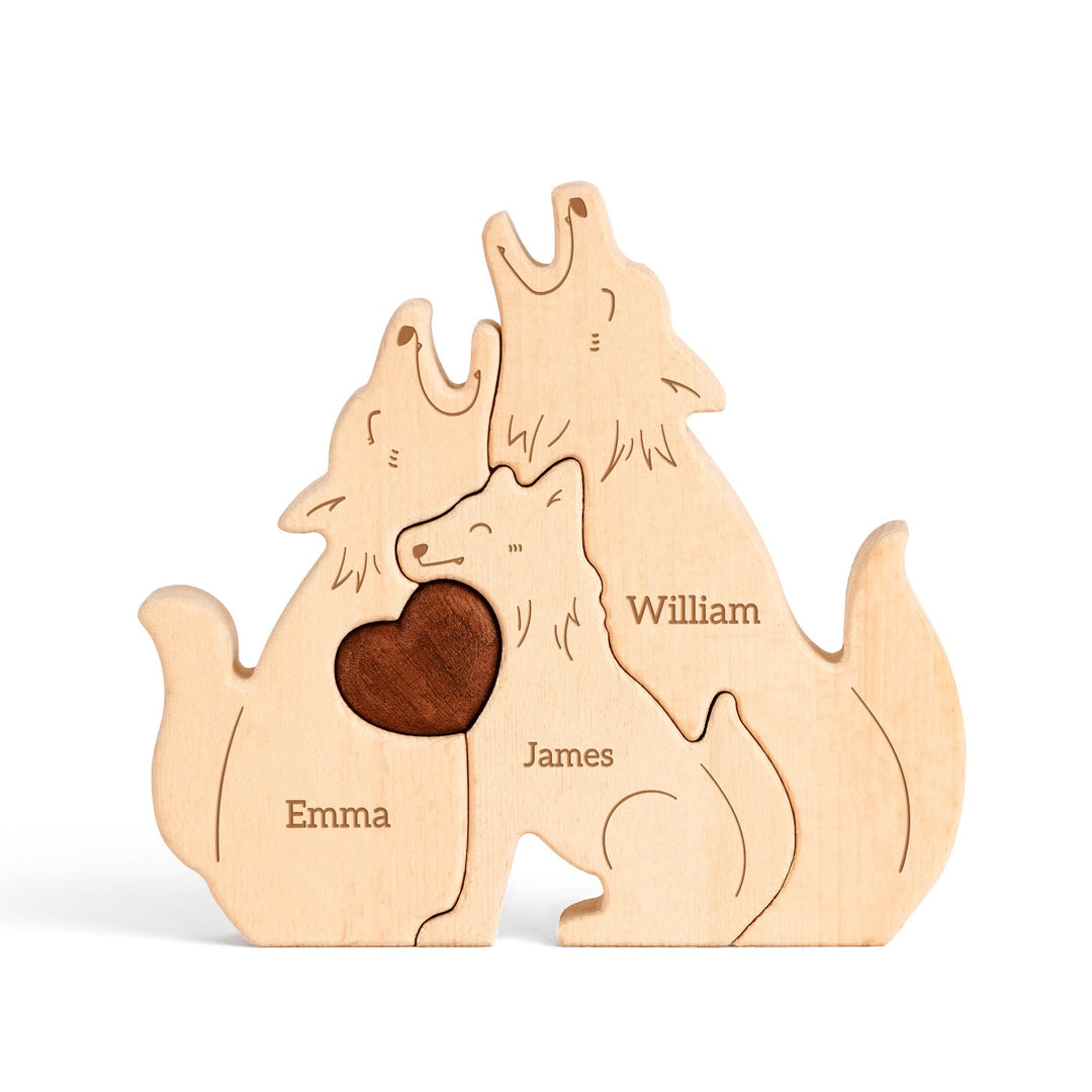 Customized wooden wolf family name puzzle featuring Emma, James, and William with heart detail.