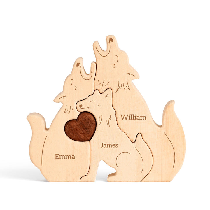 Customized wooden wolf family name puzzle featuring Emma, James, and William with heart detail.