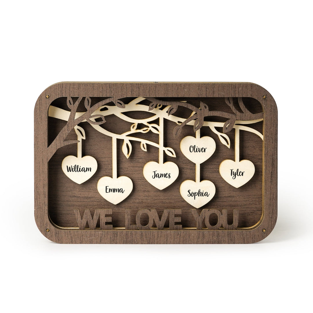 Personalized wooden family tree sign featuring names William, Emma, James, Sophia, and Tyler with hearts.
