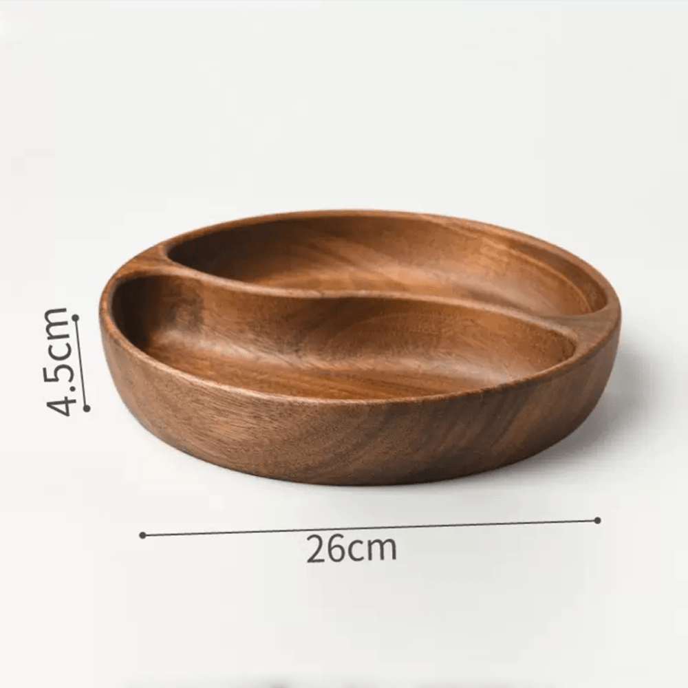 Organic acacia wood dinner plate with two compartments, 26cm diameter, elegant and eco-friendly design for dining.