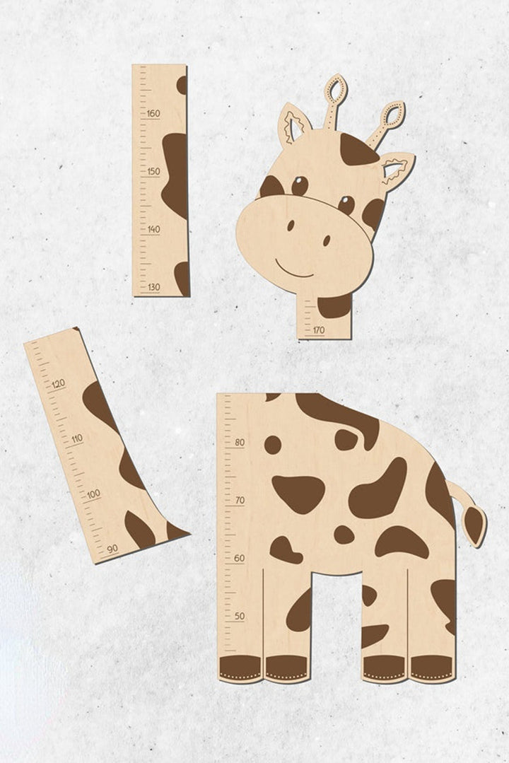 Wooden giraffe height growth chart parts, featuring a smiling giraffe head and body with measurement markings.