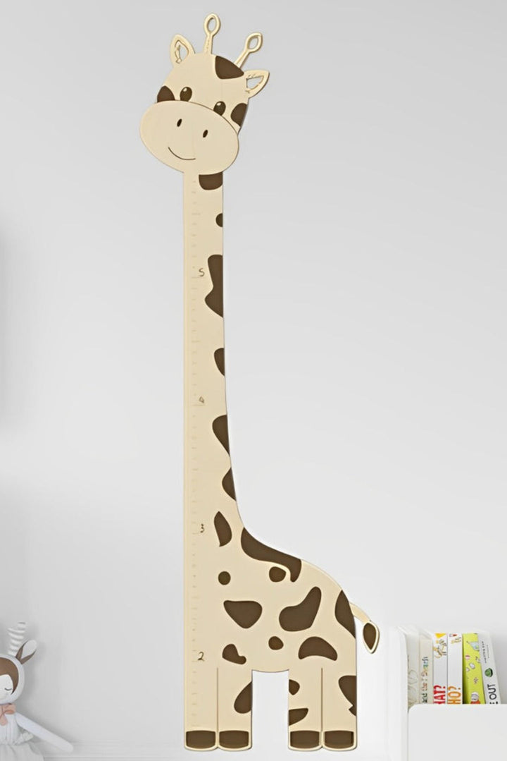 Wooden giraffe growth chart ruler for kids, measuring heights with an adorable design for children's rooms.