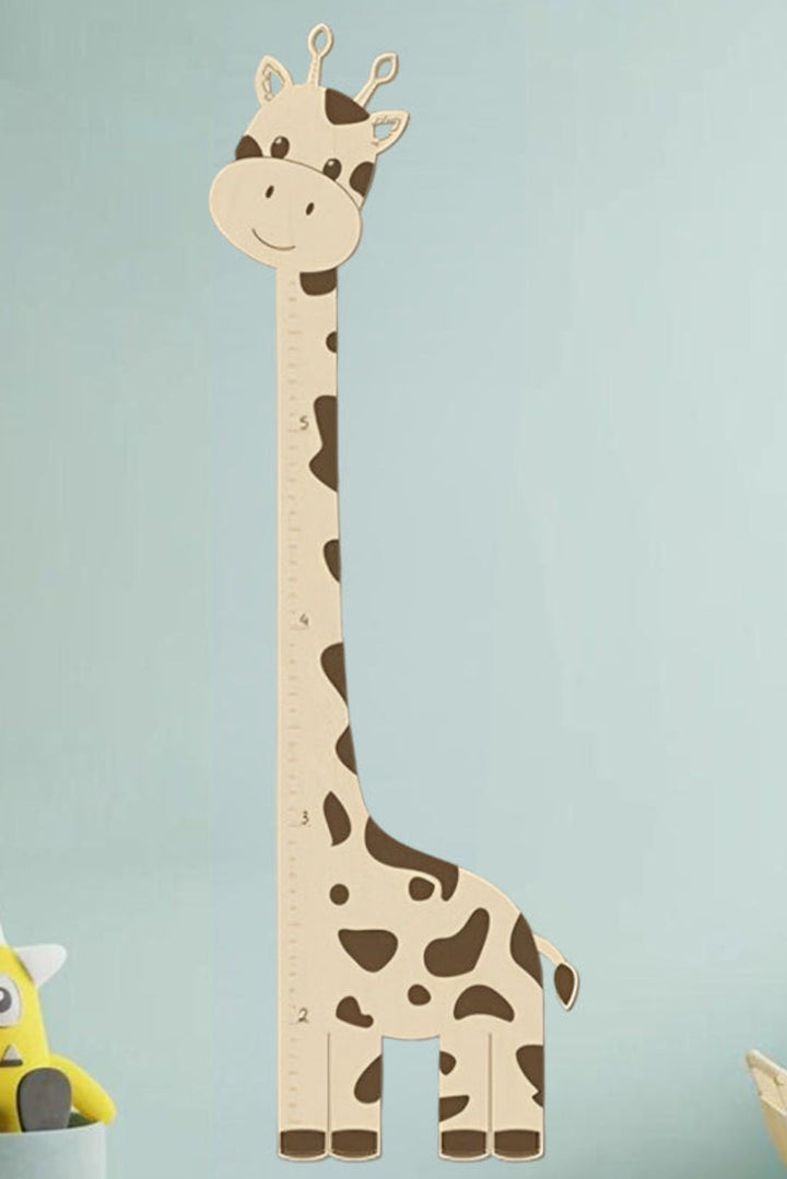 Wooden giraffe growth chart ruler for kids, designed to track height with playful artwork and educational elements.