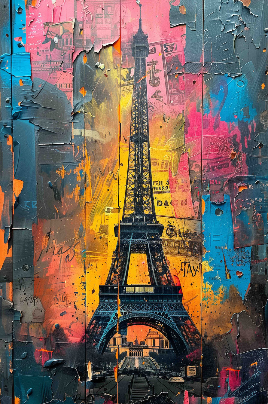 Vibrant illustration of the Eiffel Tower, featuring colorful abstract art and textured backgrounds.