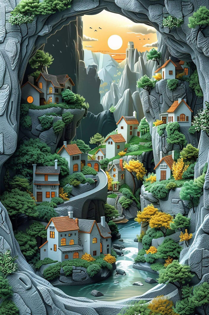 A vibrant illustration of a serene village nestled in a rocky landscape, perfect for puzzle enthusiasts and nature lovers.
