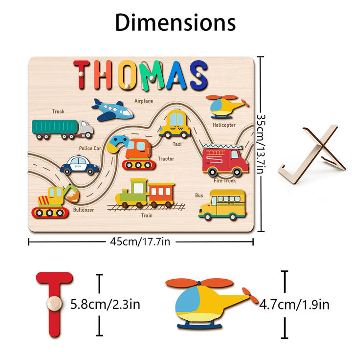 Personalized Traffic Name Puzzle featuring colorful vehicles and dimensions, customized for teaching children their names.