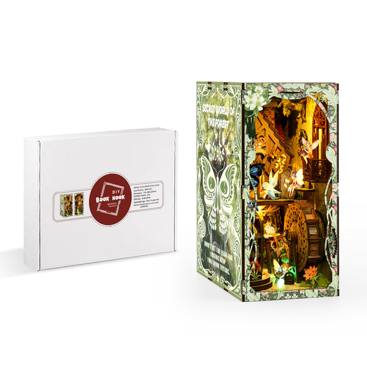 Secret Forest DIY Book Nook Kit featuring detailed wooden puzzle and enchanting music theme decor.