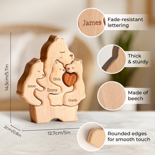 Wooden Mama Bear Family Name Puzzle with engraved names, ideal Mother's Day gift for family decor.