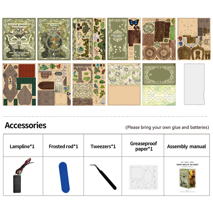 Accessories for Secret Forest DIY Book Nook Kit, including assembly manual, lampline, and decorative pieces.