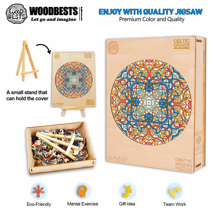 Mandala Celtic Chaos jigsaw puzzle by Woodbest, featuring vibrant colors and eco-friendly wooden pieces for enjoyable mental exercise.