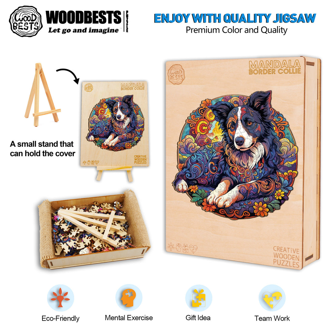 Mandala Border Collie Wooden Jigsaw Puzzle
