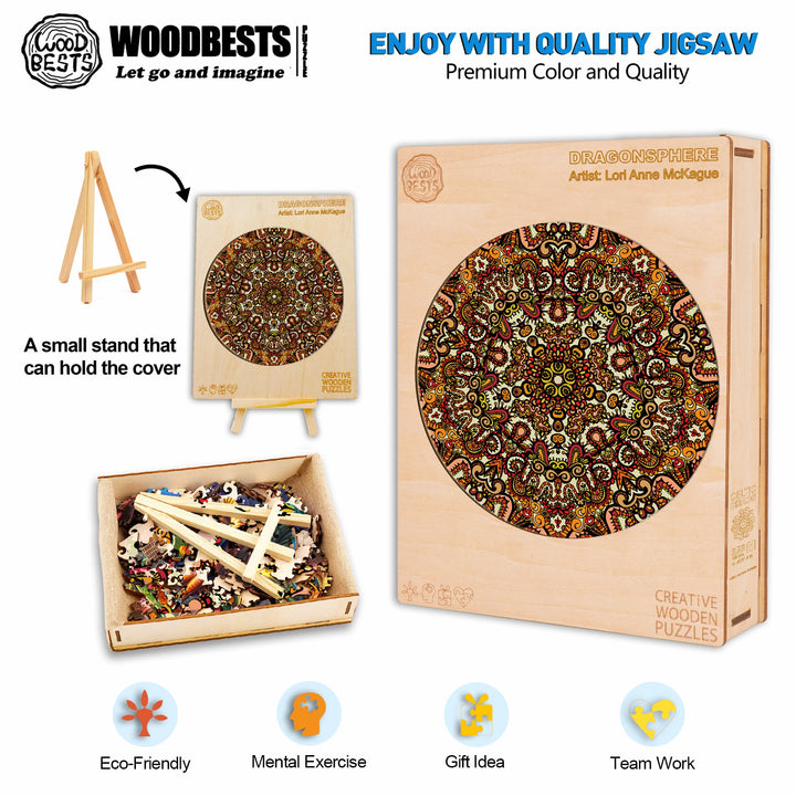 Dragonsphere jigsaw puzzle by Lori Anne McKague, featuring vibrant doodle art and eco-friendly wooden pieces.