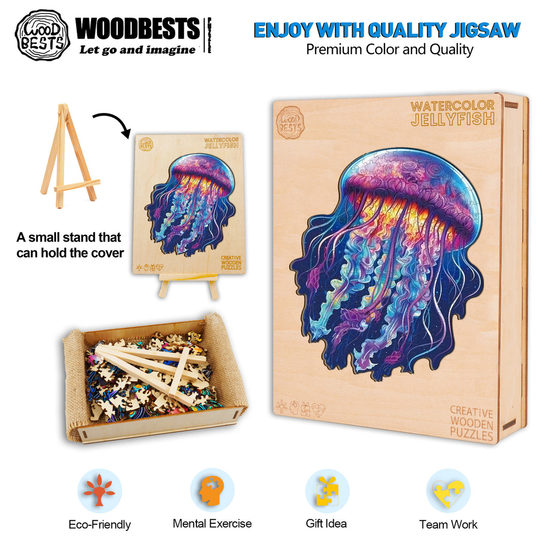 Watercolor Jellyfish Wooden Jigsaw Puzzle