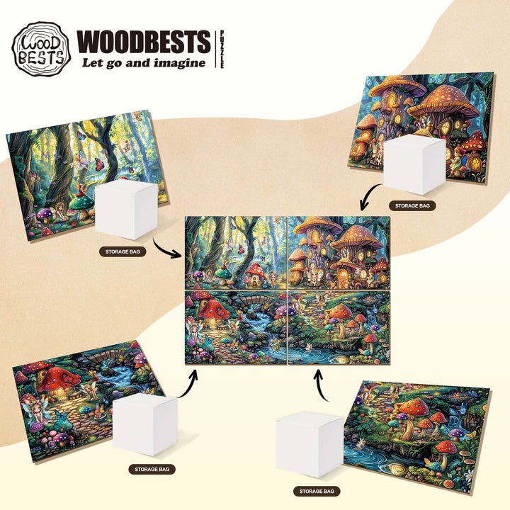Woodbest Party Puzzle-Fairy Village showcasing storage bag and puzzle pieces in a vibrant fairy garden scene.