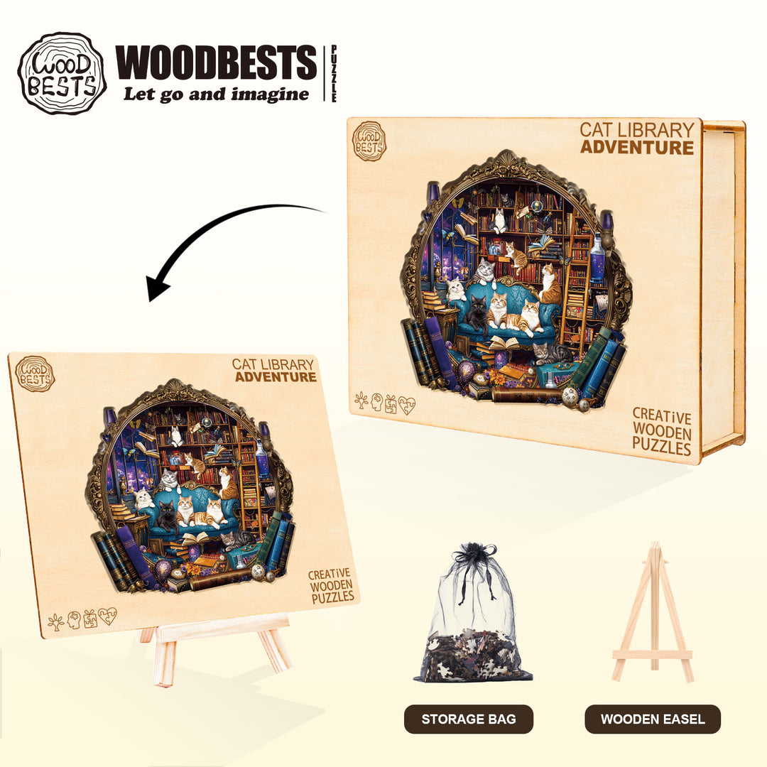 Cat Library Adventure Wooden Jigsaw Puzzle