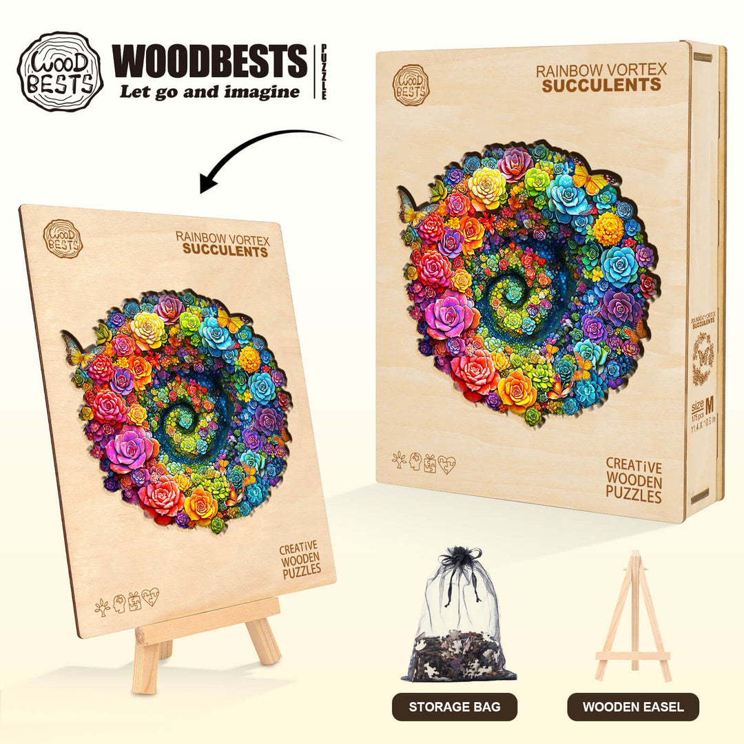 Rainbow vortex succulents Wooden Jigsaw Puzzle