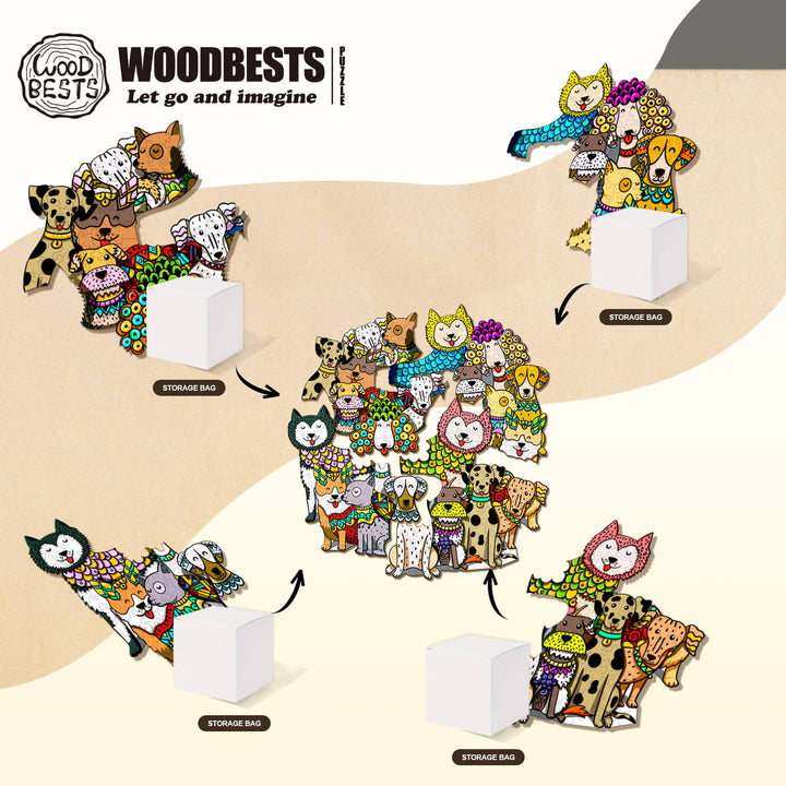 Colorful wooden animal puzzle pieces with storage bags, encouraging creativity and imagination for kids.