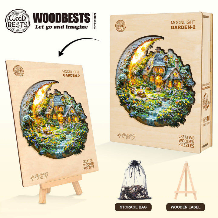 Moonlight Garden-2 wooden jigsaw puzzle featuring a charming night scene, complete with a storage bag and wooden easel.