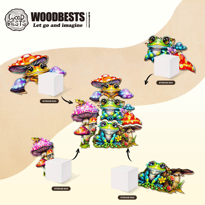 Colorful Frog Family puzzle with mushrooms and storage bags, perfect for enhancing focus and problem-solving skills.